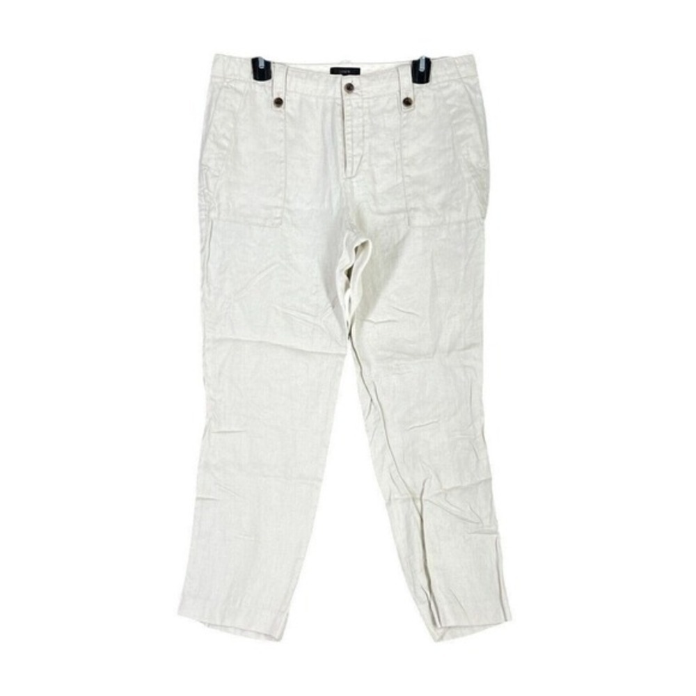 J.Crew Linen Utility Pants Women 10 Cream Herringbone Patch Pocket Casual Summer